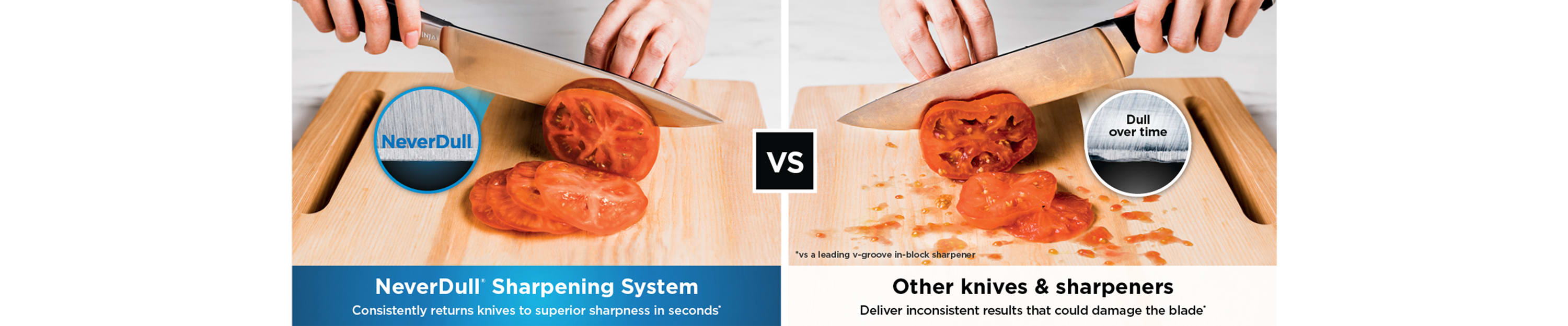 Ninja® knife slicing a tomato with ease while another kitchen knife struggles