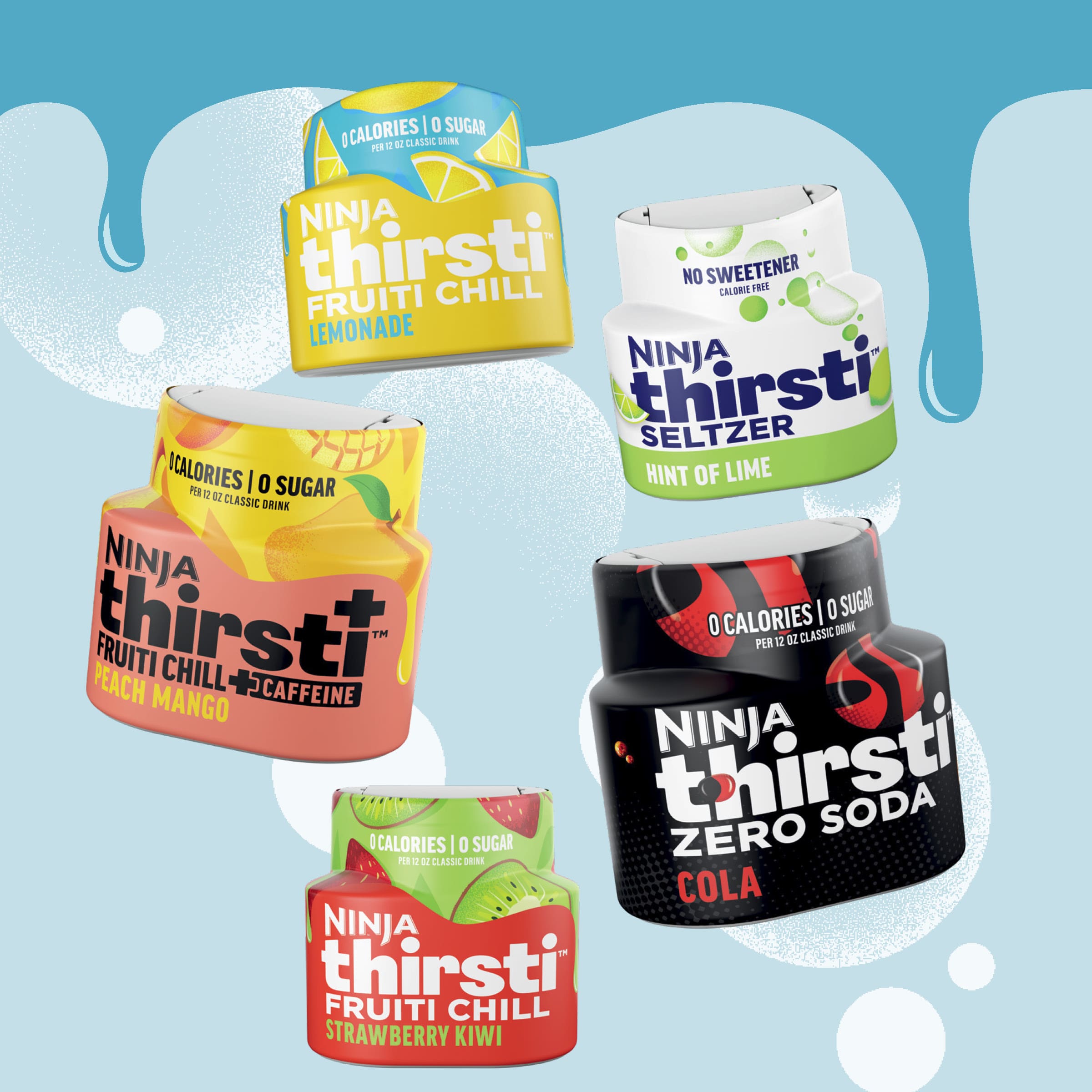 Energy Peach Mango, Splash Ripe Raspberry, Vitamins Lemonade, and Hydrate Strawberry Kiwi.